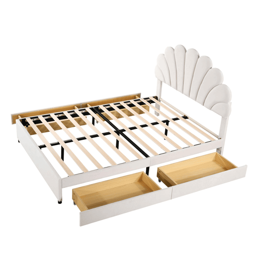 Cama de casal estofada em veludo com 4 gavetas - 140x200cm - cabeceira em forma de flor - com estrado de molas - Bege Cama de casal estofada em veludo com 4 gavetas - 140x200cm - cabeceira em forma de flor - com estrado de molas - Bege