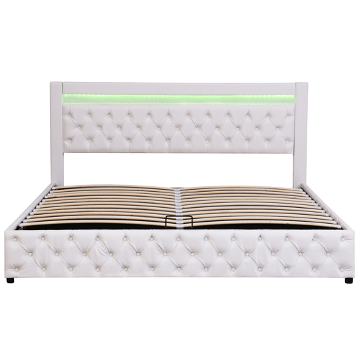 Cama contentora estofada em pele sintética com LED - 180x200 cm - com estrado - Branco Cama contentora estofada em pele sintética com LED - 180x200 cm - com estrado - Branco