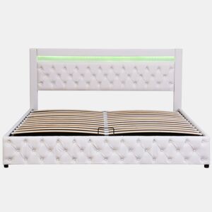 Cama contentora estofada em pele sintética com LED - 180x200 cm - com estrado - Branco
