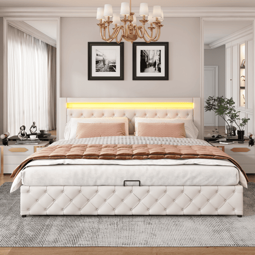Cama contentora estofada em pele sintética com LED - 180x200 cm - com estrado - Branco Cama contentora estofada em pele sintética com LED - 180x200 cm - com estrado - Branco