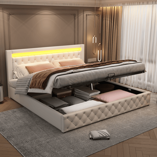 Cama contentora estofada em pele sintética com LED - 180x200 cm - com estrado - Branco Cama contentora estofada em pele sintética com LED - 180x200 cm - com estrado - Branco