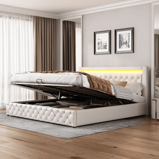 Cama contentora estofada em pele sintética com LED - 180x200 cm - com estrado - Branco Cama contentora estofada em pele sintética com LED - 180x200 cm - com estrado - Branco