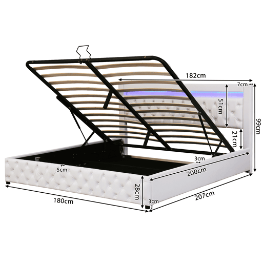 Cama contentora estofada em pele sintética com LED - 180x200 cm - com estrado - Branco Cama contentora estofada em pele sintética com LED - 180x200 cm - com estrado - Branco