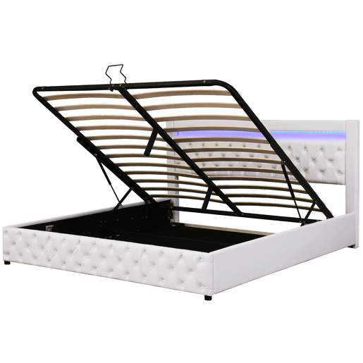 Cama contentora estofada em pele sintética com LED - 180x200 cm - com estrado - Branco Cama contentora estofada em pele sintética com LED - 180x200 cm - com estrado - Branco