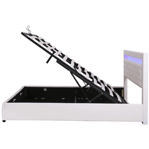 Cama contentora estofada em pele sintética com LED - 180x200 cm - com estrado - Branco Cama contentora estofada em pele sintética com LED - 180x200 cm - com estrado - Branco