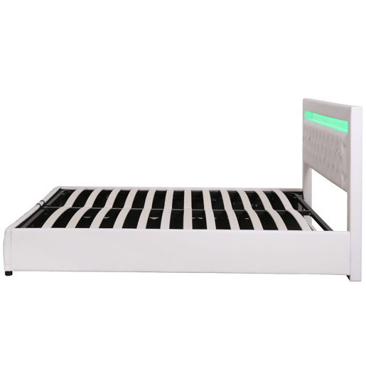 Cama contentora estofada em pele sintética com LED - 180x200 cm - com estrado - Branco Cama contentora estofada em pele sintética com LED - 180x200 cm - com estrado - Branco