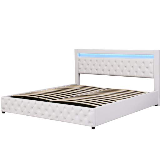 Cama contentora estofada em pele sintética com LED - 180x200 cm - com estrado - Branco Cama contentora estofada em pele sintética com LED - 180x200 cm - com estrado - Branco