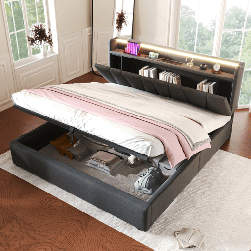 Cama contentor 160x200cm - com LED e portas de carga - tecido de linho - Cinzento