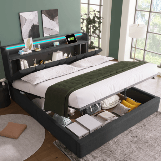 Cama contentor 160x200cm - com LED e portas de carga - tecido de linho - Cinzento