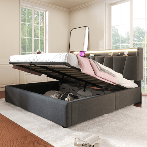 Cama contentor 160x200cm - com LED e portas de carga - tecido de linho - Cinzento