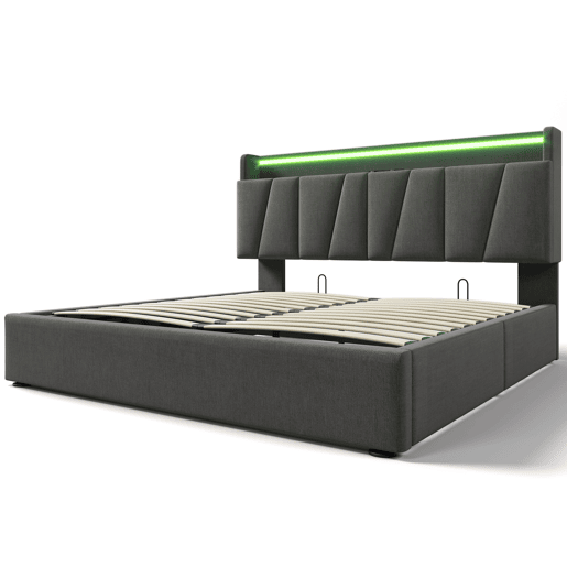 Cama contentor 160x200cm - com LED e portas de carga - tecido de linho - Cinzento