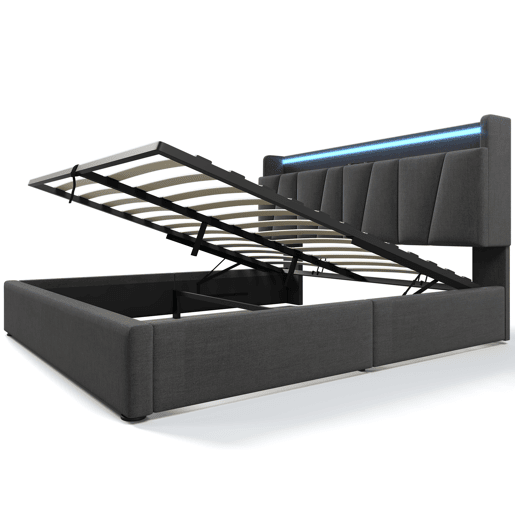 Cama contentor 160x200cm - com LED e portas de carga - tecido de linho - Cinzento