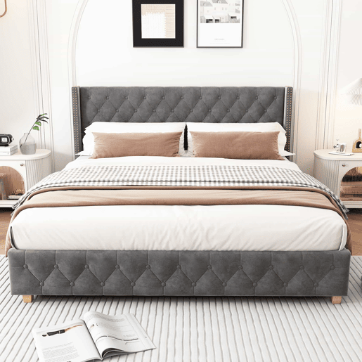 Cama para adultos estofada em veludo - 180x200 cm - com estrado - Cinza Cama para adultos estofada em veludo - 180x200 cm - com estrado - Cinza