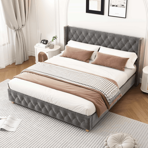 Cama para adultos estofada em veludo - 180x200 cm - com estrado - Cinza Cama para adultos estofada em veludo - 180x200 cm - com estrado - Cinza