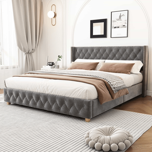 Cama para adultos estofada em veludo - 180x200 cm - com estrado - Cinza Cama para adultos estofada em veludo - 180x200 cm - com estrado - Cinza