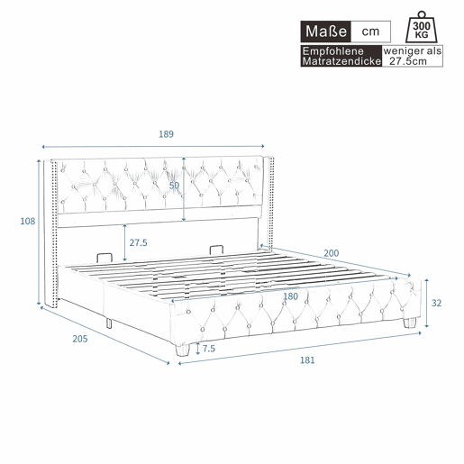 Cama para adultos estofada em veludo - 180x200 cm - com estrado - Cinza Cama para adultos estofada em veludo - 180x200 cm - com estrado - Cinza