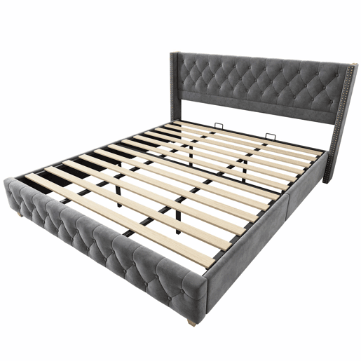 Cama para adultos estofada em veludo - 180x200 cm - com estrado - Cinza Cama para adultos estofada em veludo - 180x200 cm - com estrado - Cinza