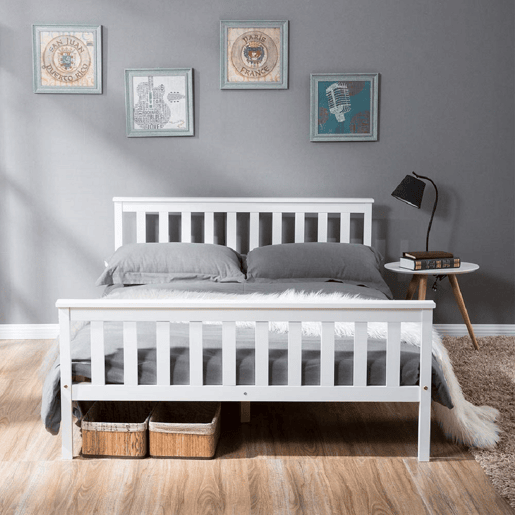 Cama para adultos 140x200 cm de madeira maciça com estrado de ripas - Branco