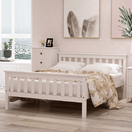 Cama para adultos 140x200 cm de madeira maciça com estrado de ripas - Branco