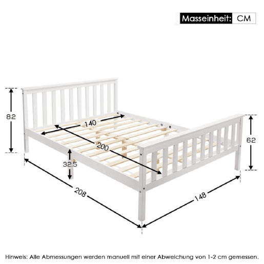 Cama para adultos 140x200 cm de madeira maciça com estrado de ripas - Branco