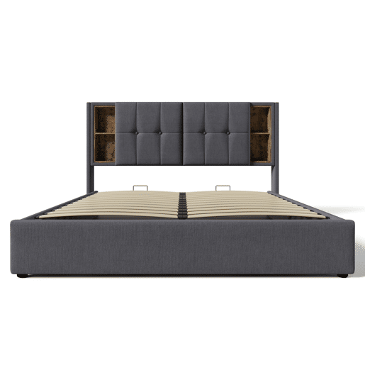 Cama almofadada para arrumação 140x200 cm - com cabeceira para arrumação e carregamento sem fios - tecido de algodão - Cinzento Cama almofadada para arrumação 140x200 cm - com cabeceira para arrumação e carregamento sem fios - tecido de algodão - Cinzento