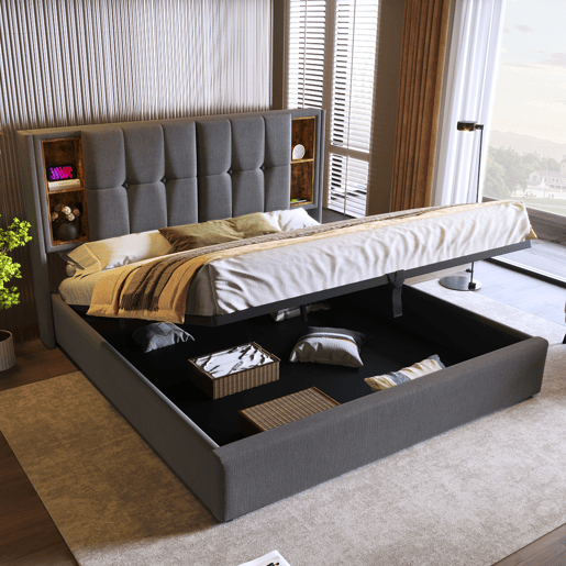 Cama almofadada para arrumação 140x200 cm - com cabeceira para arrumação e carregamento sem fios - tecido de algodão - Cinzento Cama almofadada para arrumação 140x200 cm - com cabeceira para arrumação e carregamento sem fios - tecido de algodão - Cinzento