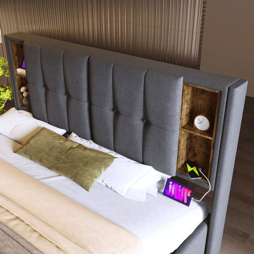 Cama almofadada para arrumação 140x200 cm - com cabeceira para arrumação e carregamento sem fios - tecido de algodão - Cinzento Cama almofadada para arrumação 140x200 cm - com cabeceira para arrumação e carregamento sem fios - tecido de algodão - Cinzento
