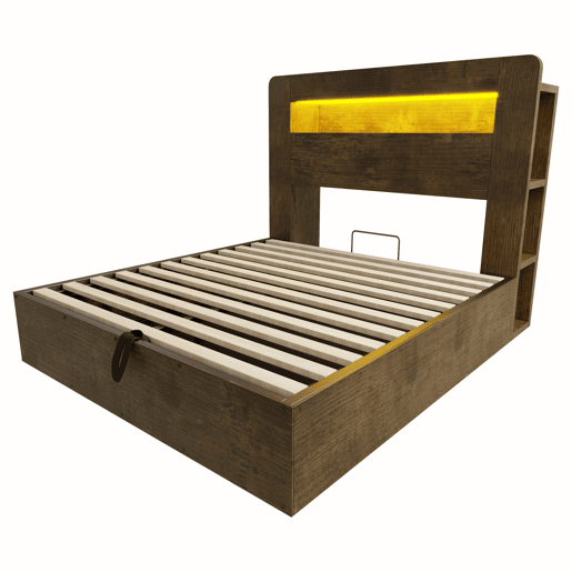 Cama de plataforma 140x200 - espaço de arrumação, sistema hidráulico, luzes LED na cabeceira, tomadas integradas - madeira vintage Cama de plataforma 140x200 - espaço de arrumação, sistema hidráulico, luzes LED na cabeceira, tomadas integradas - madeira vintage