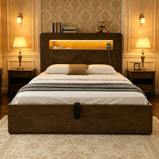 Cama de plataforma 140x200 - espaço de arrumação, sistema hidráulico, luzes LED na cabeceira, tomadas integradas - madeira vintage Cama de plataforma 140x200 - espaço de arrumação, sistema hidráulico, luzes LED na cabeceira, tomadas integradas - madeira vintage