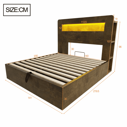 Cama de plataforma 140x200 - espaço de arrumação, sistema hidráulico, luzes LED na cabeceira, tomadas integradas - madeira vintage Cama de plataforma 140x200 - espaço de arrumação, sistema hidráulico, luzes LED na cabeceira, tomadas integradas - madeira vintage