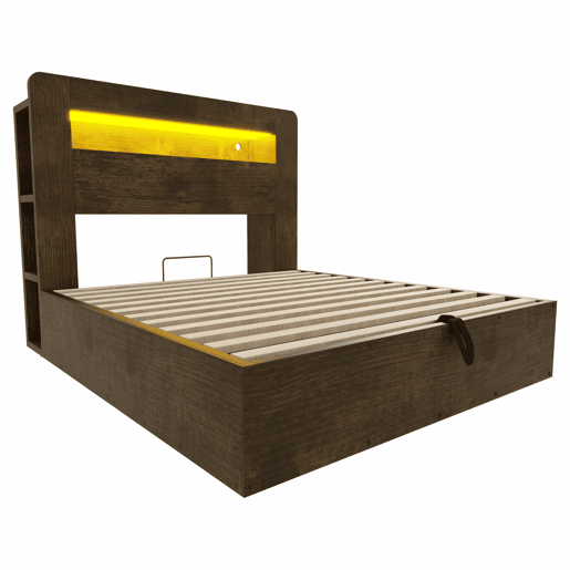 Cama de plataforma 140x200 - espaço de arrumação, sistema hidráulico, luzes LED na cabeceira, tomadas integradas - madeira vintage Cama de plataforma 140x200 - espaço de arrumação, sistema hidráulico, luzes LED na cabeceira, tomadas integradas - madeira vintage