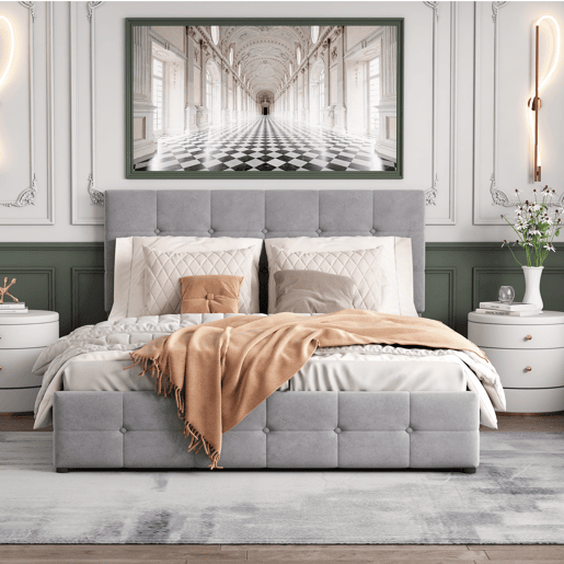 Cama estofada com arrumação - 140x200cm - tecido aveludado - cabeceira regulável com desenho de blocos - Cinzento Cama estofada com arrumação - 140x200cm - tecido aveludado - cabeceira regulável com desenho de blocos - Cinzento