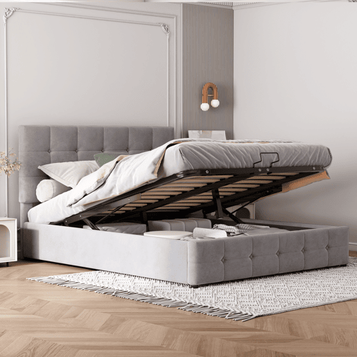 Cama estofada com arrumação - 140x200cm - tecido aveludado - cabeceira regulável com desenho de blocos - Cinzento Cama estofada com arrumação - 140x200cm - tecido aveludado - cabeceira regulável com desenho de blocos - Cinzento