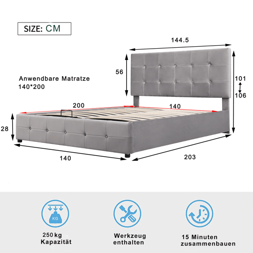 Cama estofada com arrumação - 140x200cm - tecido aveludado - cabeceira regulável com desenho de blocos - Cinzento Cama estofada com arrumação - 140x200cm - tecido aveludado - cabeceira regulável com desenho de blocos - Cinzento