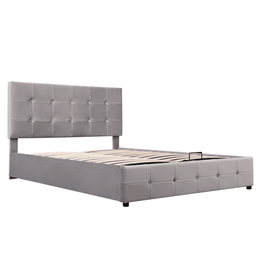 Cama estofada com arrumação - 140x200cm - tecido aveludado - cabeceira regulável com desenho de blocos - Cinzento Cama estofada com arrumação - 140x200cm - tecido aveludado - cabeceira regulável com desenho de blocos - Cinzento