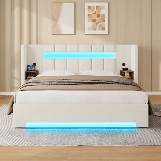 Cama multifuncional 180x200 cm - Cabeceira larga, 2 portas USB, armário embutido, luz LED, sistema hidráulico e amplo espaço de arrumação debaixo da cama com tecido não tecido - Bege