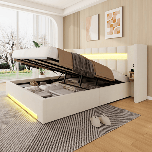 Cama multifuncional 180x200 cm - Cabeceira larga, 2 portas USB, armário embutido, luz LED, sistema hidráulico e amplo espaço de arrumação debaixo da cama com tecido não tecido - Bege