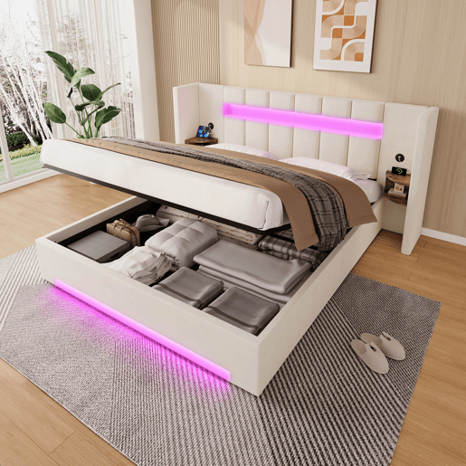 Cama multifuncional 180x200 cm - Cabeceira larga, 2 portas USB, armário embutido, luz LED, sistema hidráulico e amplo espaço de arrumação debaixo da cama com tecido não tecido - Bege