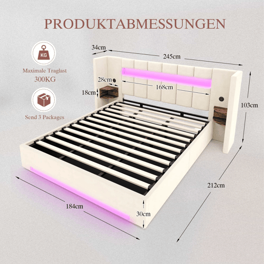 Cama multifuncional 180x200 cm - Cabeceira larga, 2 portas USB, armário embutido, luz LED, sistema hidráulico e amplo espaço de arrumação debaixo da cama com tecido não tecido - Bege