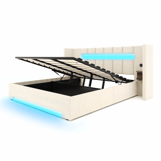 Cama multifuncional 180x200 cm - Cabeceira larga, 2 portas USB, armário embutido, luz LED, sistema hidráulico e amplo espaço de arrumação debaixo da cama com tecido não tecido - Bege