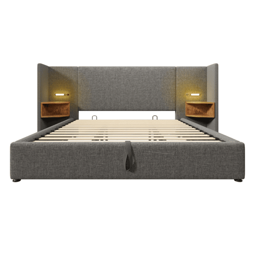 Cama contentora de linho 180x200 cm - 2 mesas de cabeceira com luz de leitura e função de carregamento - com estrado de molas - Cinzento Cama contentora de linho 180x200 cm - 2 mesas de cabeceira com luz de leitura e função de carregamento - com estrado de molas - Cinzento