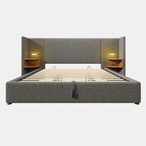 Cama contentora de linho 180x200 cm - 2 mesas de cabeceira com luz de leitura e função de carregamento - com estrado de molas - Cinzento