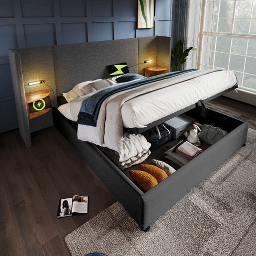 Cama contentora de linho 180x200 cm - 2 mesas de cabeceira com luz de leitura e função de carregamento - com estrado de molas - Cinzento Cama contentora de linho 180x200 cm - 2 mesas de cabeceira com luz de leitura e função de carregamento - com estrado de molas - Cinzento