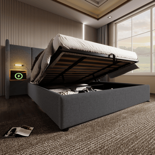 Cama contentora de linho 180x200 cm - 2 mesas de cabeceira com luz de leitura e função de carregamento - com estrado de molas - Cinzento Cama contentora de linho 180x200 cm - 2 mesas de cabeceira com luz de leitura e função de carregamento - com estrado de molas - Cinzento