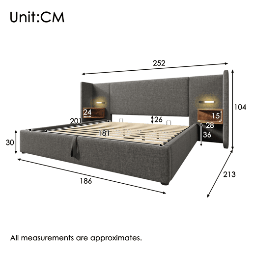 Cama contentora de linho 180x200 cm - 2 mesas de cabeceira com luz de leitura e função de carregamento - com estrado de molas - Cinzento Cama contentora de linho 180x200 cm - 2 mesas de cabeceira com luz de leitura e função de carregamento - com estrado de molas - Cinzento