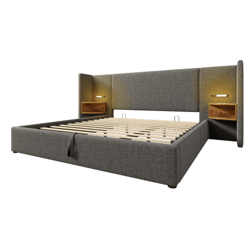 Cama contentora de linho 180x200 cm - 2 mesas de cabeceira com luz de leitura e função de carregamento - com estrado de molas - Cinzento Cama contentora de linho 180x200 cm - 2 mesas de cabeceira com luz de leitura e função de carregamento - com estrado de molas - Cinzento