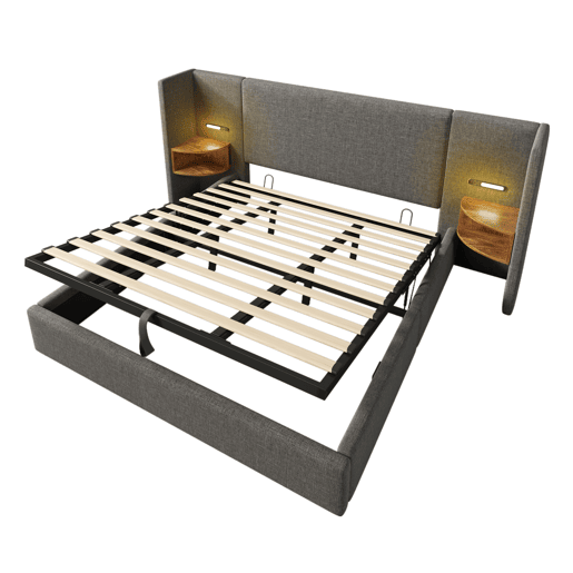 Cama contentora de linho 180x200 cm - 2 mesas de cabeceira com luz de leitura e função de carregamento - com estrado de molas - Cinzento Cama contentora de linho 180x200 cm - 2 mesas de cabeceira com luz de leitura e função de carregamento - com estrado de molas - Cinzento