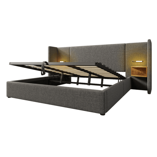 Cama contentora de linho 180x200 cm - 2 mesas de cabeceira com luz de leitura e função de carregamento - com estrado de molas - Cinzento Cama contentora de linho 180x200 cm - 2 mesas de cabeceira com luz de leitura e função de carregamento - com estrado de molas - Cinzento
