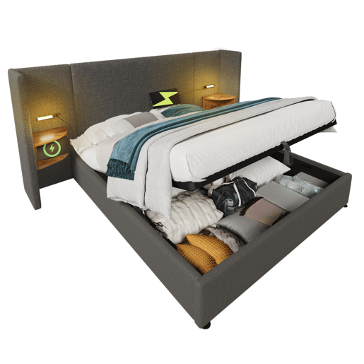 Cama contentora de linho 180x200 cm - 2 mesas de cabeceira com luz de leitura e função de carregamento - com estrado de molas - Cinzento Cama contentora de linho 180x200 cm - 2 mesas de cabeceira com luz de leitura e função de carregamento - com estrado de molas - Cinzento