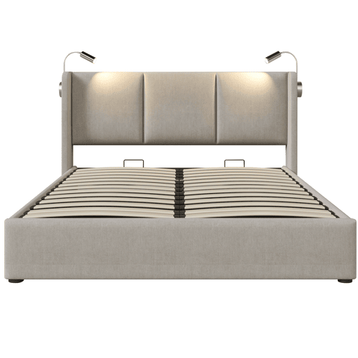 Cama contentora em pele sintética de 140x200 cm - com luzes de leitura e portas de carregamento USB - com estrado de molas - Bege Cama contentora em pele sintética de 140x200 cm - com luzes de leitura e portas de carregamento USB - com estrado de molas - Bege
